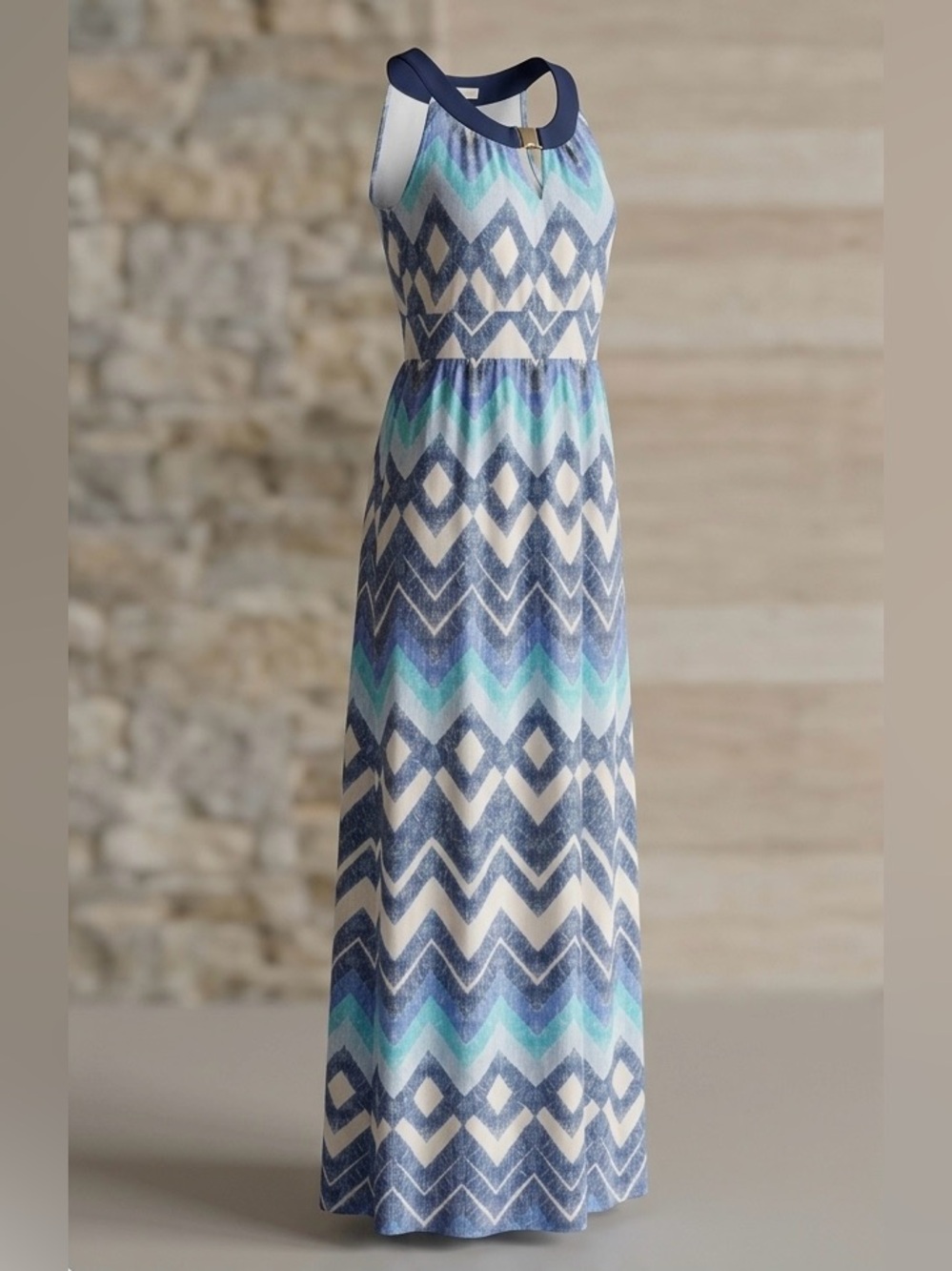JohnPaulRichard Navy, Aqua & Light Blue Keyhole Maxi Dress